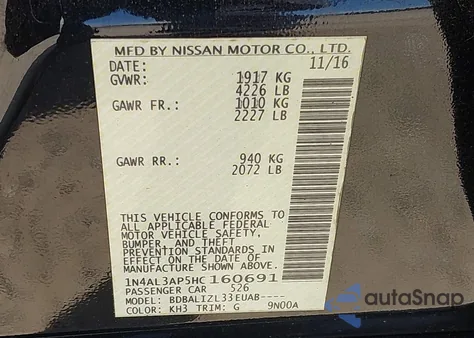 2017 Nissan Altima 2.5 Sv из США, поврежденный, VIN 1N4AL3AP5HC160691